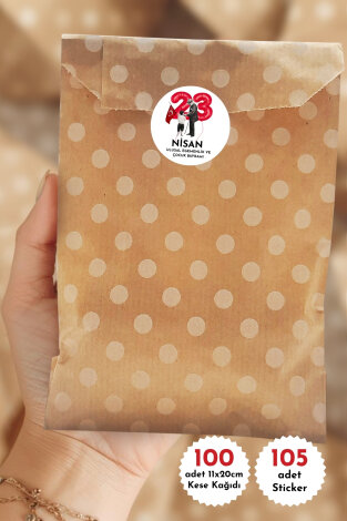 23 Nisan'a Özel Hediye Paketi Seti, 100 adet Kese Kağıdı (11x20 cm) ve 105 adet 23 Nisan sticker - Bimotif