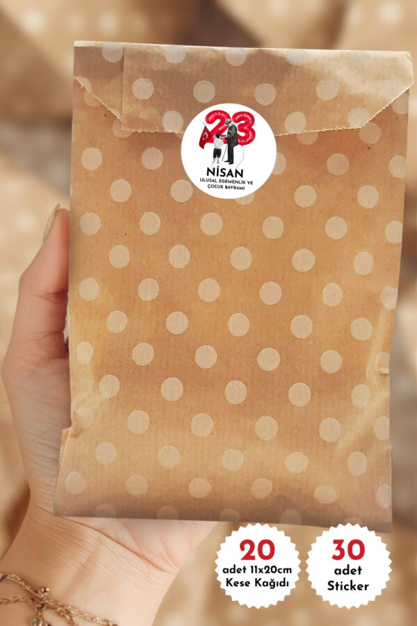23 Nisan'a Özel Hediye Paketi Seti, 20 adet Kese Kağıdı (11x20 cm) ve 30 adet 23 Nisan sticker - 1