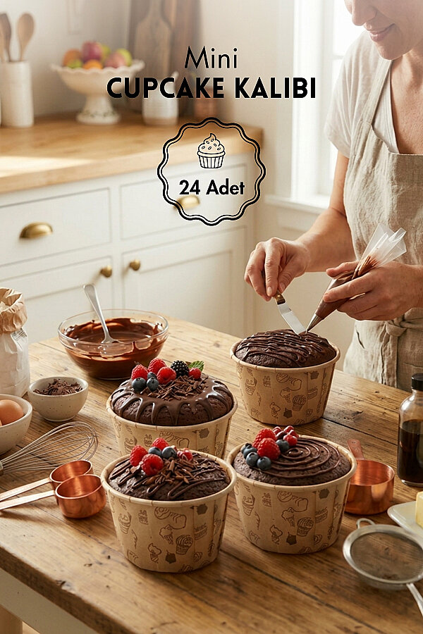 24lü Kraft Kağıt Cupcake Kalıbı, Kek Kapsülü, Muffin Cupcake Kalıbı, Airfryer Uyumlu ve Desenli - 1