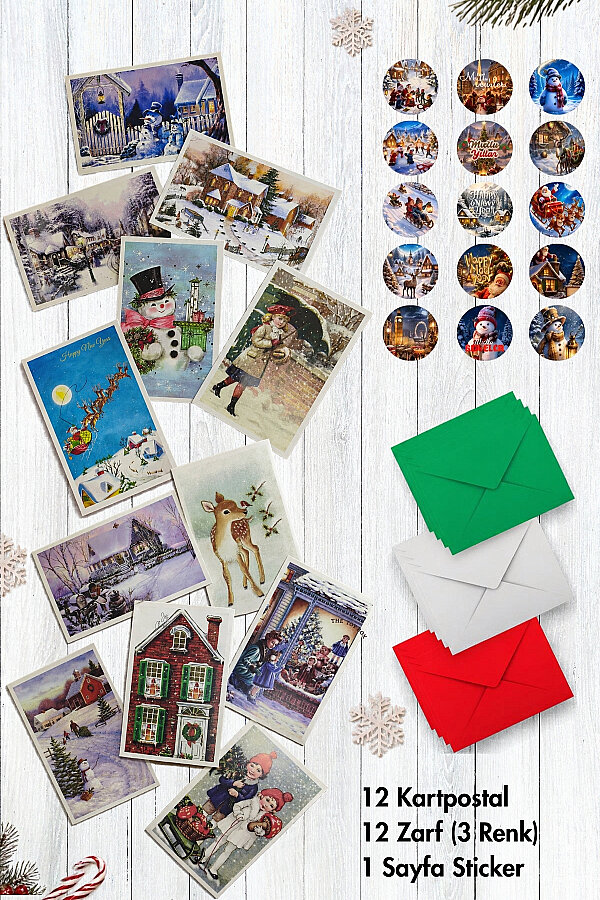 25 parça Yılbaşı Kartpostal, Zarf ve Sticker Seti - (12 Kartpostal + 12 Zarf + 1 Sayfa Sticker) - 1