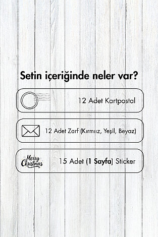 25 parça Yılbaşı Kartpostal, Zarf ve Sticker Seti - (12 Kartpostal + 12 Zarf + 1 Sayfa Sticker) - Bimotif (1)
