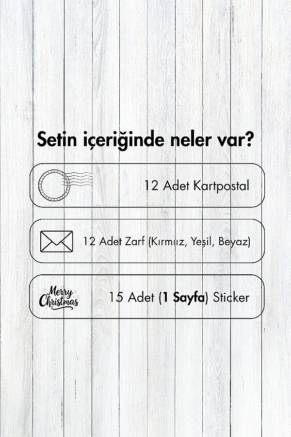 25 parça Yılbaşı Kartpostal, Zarf ve Sticker Seti - (12 Kartpostal + 12 Zarf + 1 Sayfa Sticker) - 2