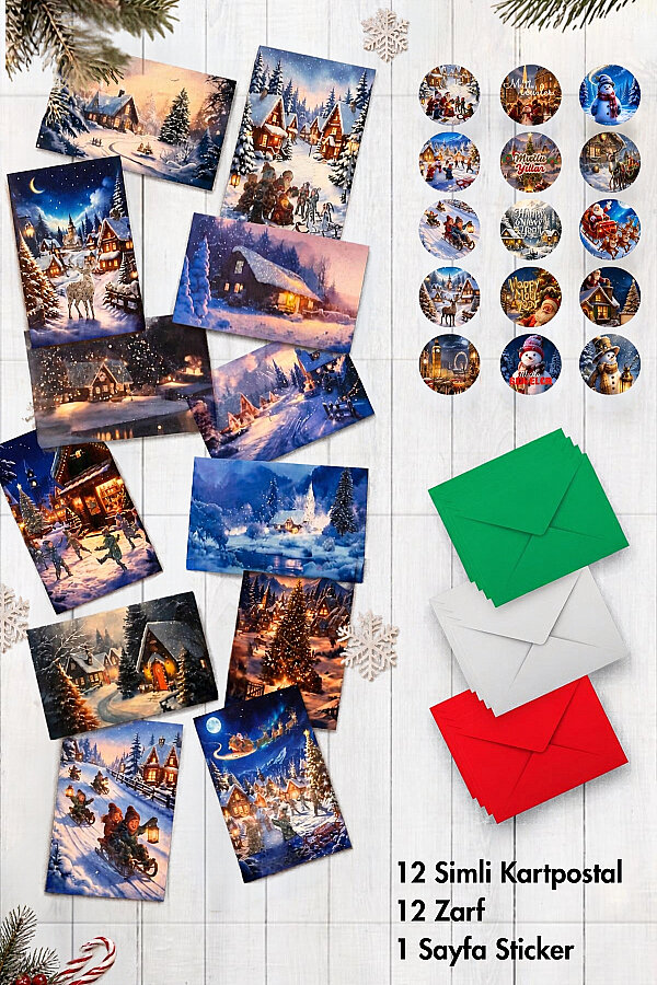 25 parça Yılbaşı Simli Kartpostal, Zarf ve Sticker Seti - 12 Simli Kartpostal + 9 Zarf + 2 Sticker - 1