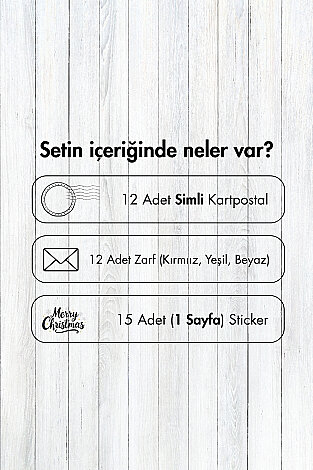 25 parça Yılbaşı Simli Kartpostal, Zarf ve Sticker Seti - 12 Simli Kartpostal + 9 Zarf + 2 Sticker - 7