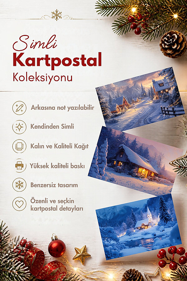 25 parça Yılbaşı Simli Kartpostal, Zarf ve Sticker Seti - 12 Simli Kartpostal + 9 Zarf + 2 Sticker - 2