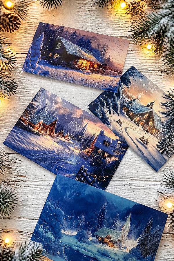25 parça Yılbaşı Simli Kartpostal, Zarf ve Sticker Seti - 12 Simli Kartpostal + 9 Zarf + 2 Sticker - 6