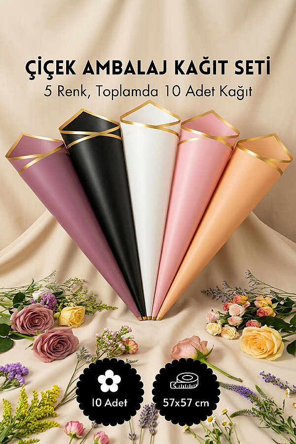 10lu Gold Şeritli Çiçek Ambalaj Kağıt Seti 57x57cm (5 renk, 2şer adet Çiçek, Buket Ambalaj Kağıdı) - 1