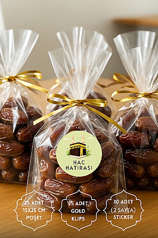 25'li Hac ve Umre Hediye Paketleme Seti (25 Şeffaf Poşet 15x25cm, 25 Gold Klips, 30 adet Sticker) - Bimotif