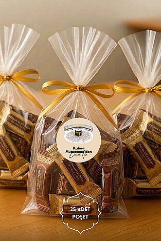 25'li Hac ve Umre Hediye Paketleme Seti (25 Şeffaf Poşet 15x25cm, 25 Gold Klips, 30 adet Sticker) - 5