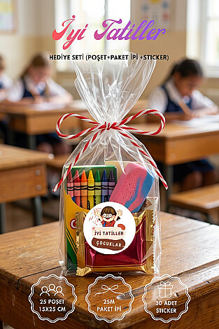 25li İyi Tatiller, Yaz Tatili Hediye Poşet Seti (25 Poşet 15x25cm, 25m Paket İpi, 30 Sticker)