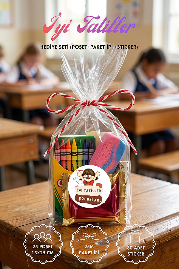25li İyi Tatiller, Yaz Tatili Hediye Poşet Seti (25 Poşet 15x25cm, 25m Paket İpi, 30 Sticker) - 1
