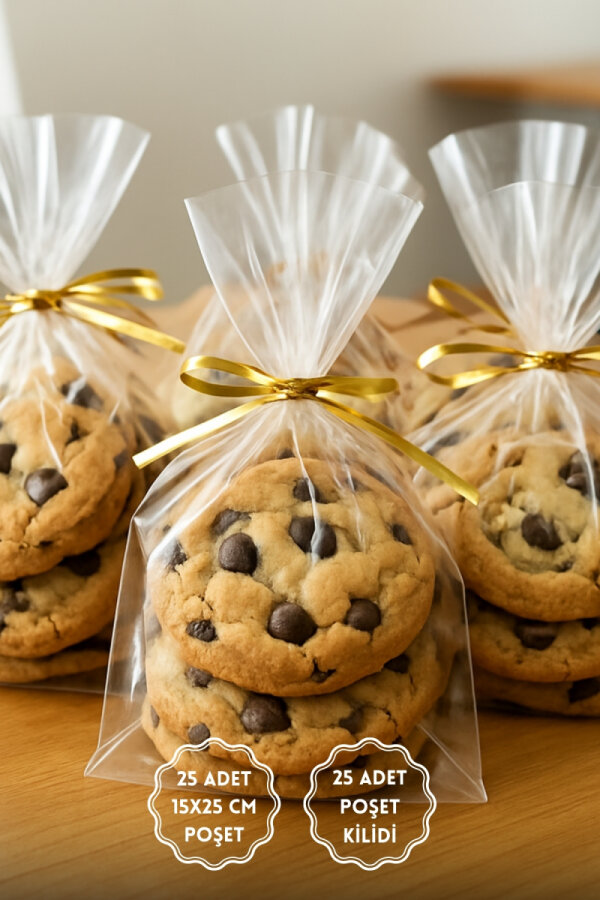 25li Klipsli Hediye Poşet Seti (25 adet Şeffaf Poşet 15x25 cm ve 25 adet Gold Poşet Bağlama Teli) - 1