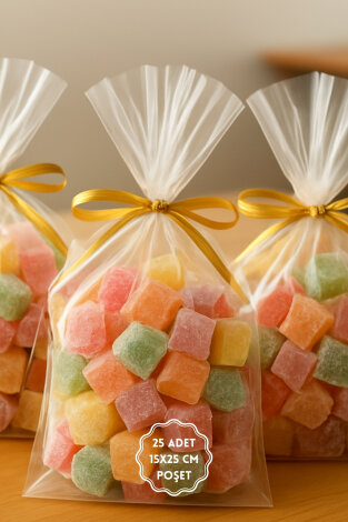 25li Klipsli Hediye Poşet Seti (25 adet Şeffaf Poşet 15x25 cm ve 25 adet Gold Poşet Bağlama Teli) - Bimotif (1)