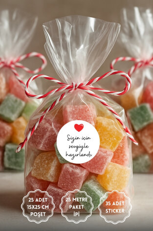 25li Sticker ve Hediye Poşeti Seti (25 Şeffaf Poşet 15x25 cm, 25 m Paket İpi, 35 adet Sticker) - Bimotif
