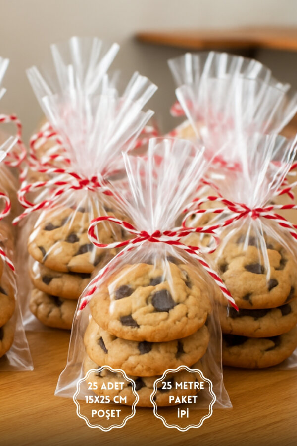 25li Paket İpli Hediye Poşet Seti (25 adet Şeffaf Poşet 15x25 cm ve 25 metre Paket İpi) - 1