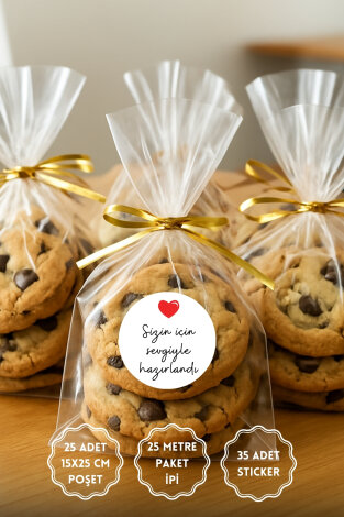 25li Sticker ve Hediye Poşeti Seti (25 Şeffaf Poşet 15x25 cm, 25 adet Gold Klips, 35 adet Sticker) - Bimotif