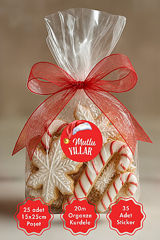 25li Yılbaşı Hediye Poşeti Seti (25 Şeffaf Poşet 15x25 cm + 20m Organze Kurdele + 35 adet Sticker) - Bimotif