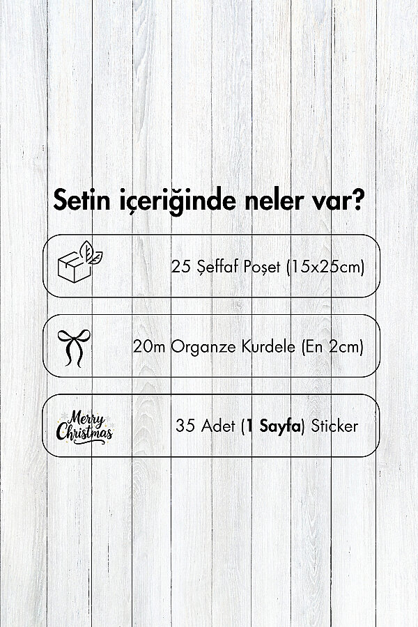 25li Yılbaşı Hediye Poşeti Seti (25 Şeffaf Poşet 15x25 cm + 20m Organze Kurdele + 35 adet Sticker) - 2