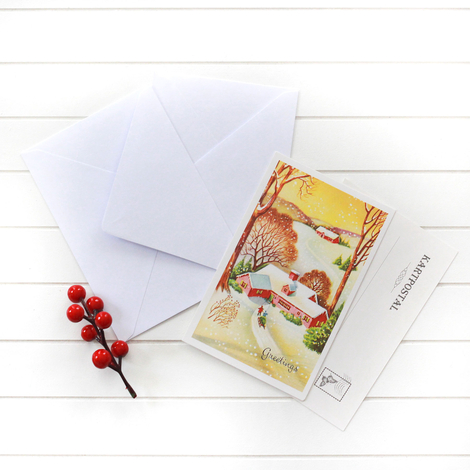2li yılbaşı kartpostal-zarf seti, ağaçlı yol - Bimotif