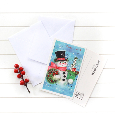 4lü yılbaşı kartpostal-zarf seti, kardan adam - Bimotif