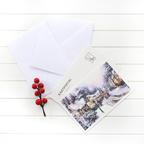 4lü yılbaşı kartpostal-zarf seti, karlı cadde - Bimotif