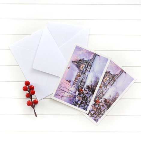 4lü yılbaşı kartpostal-zarf seti, karlı ev - Bimotif (1)