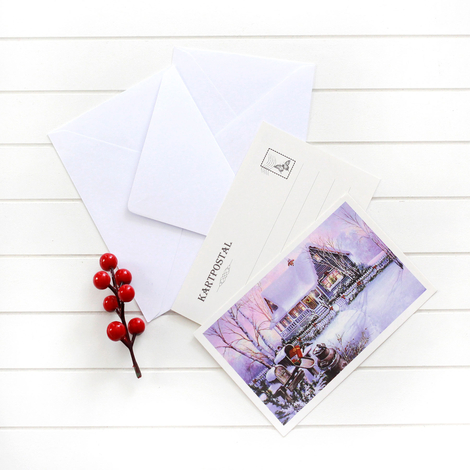 4lü yılbaşı kartpostal-zarf seti, karlı ev - Bimotif