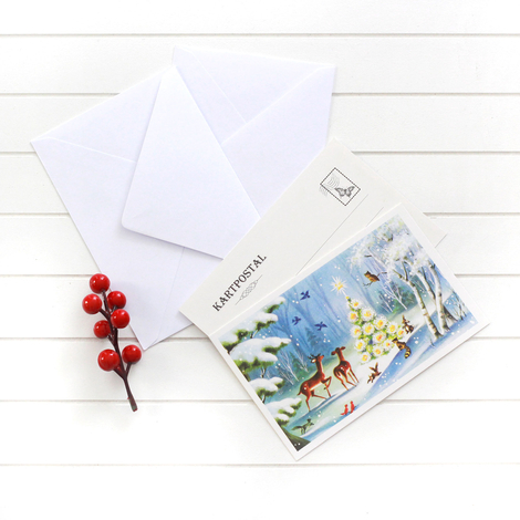2li yılbaşı kartpostal-zarf seti, karlı orman - Bimotif