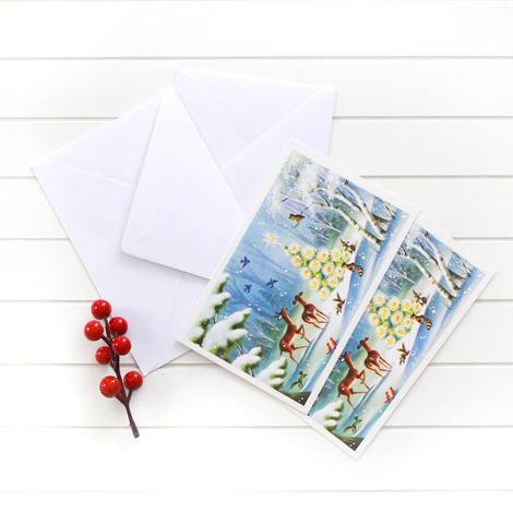 2li yılbaşı kartpostal-zarf seti, karlı orman - Bimotif (1)