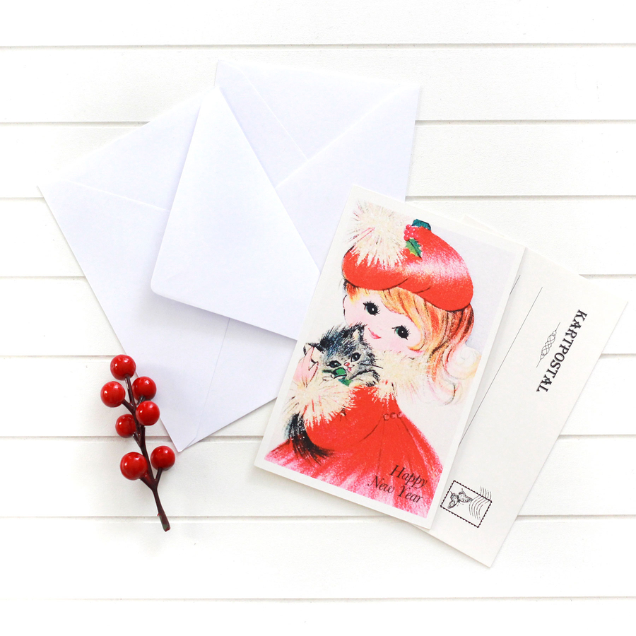 4lü yılbaşı kartpostal-zarf seti, kedili kız - 1