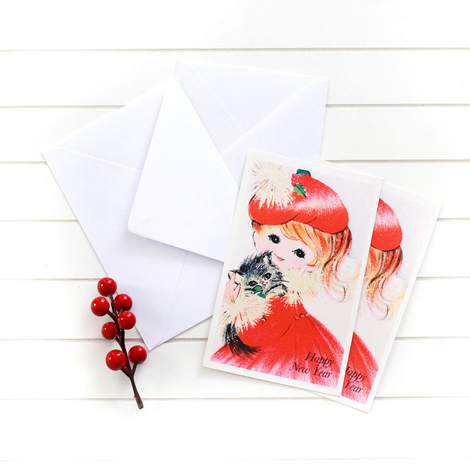 4lü yılbaşı kartpostal-zarf seti, kedili kız - Bimotif (1)