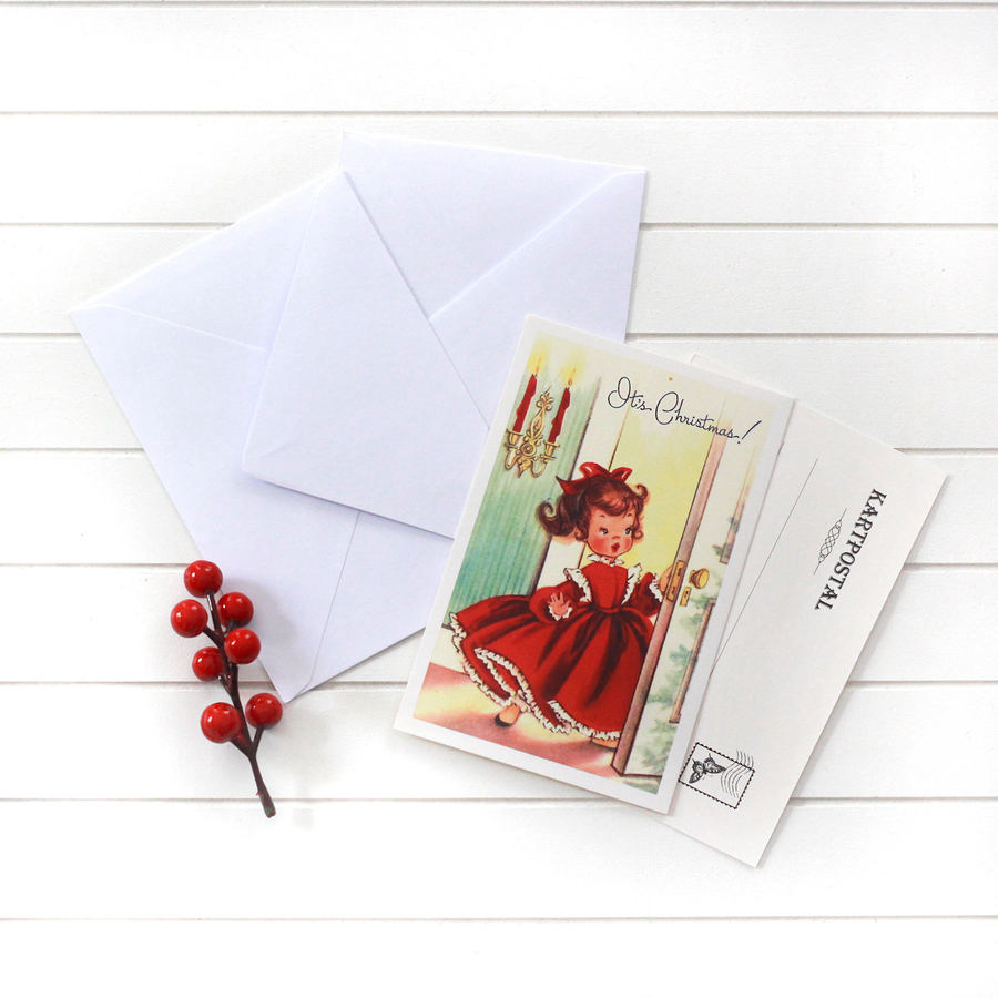 4lü yılbaşı kartpostal-zarf seti, kırmızı elbiseli kız - 1
