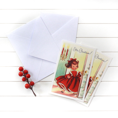 2li yılbaşı kartpostal-zarf seti, kırmızı elbiseli kız - Bimotif (1)