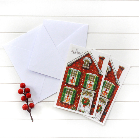 4lü yılbaşı kartpostal-zarf seti, kırmızı ev - Bimotif (1)