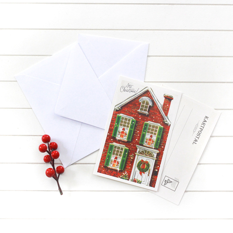 4lü yılbaşı kartpostal-zarf seti, kırmızı ev - Bimotif