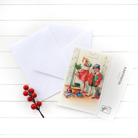 4lü yılbaşı kartpostal-zarf seti, kırmızılı çocuklar - Bimotif