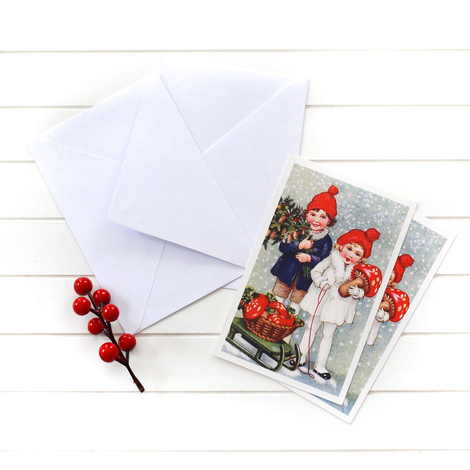4lü yılbaşı kartpostal-zarf seti, kızaktaki mantarlar - Bimotif (1)