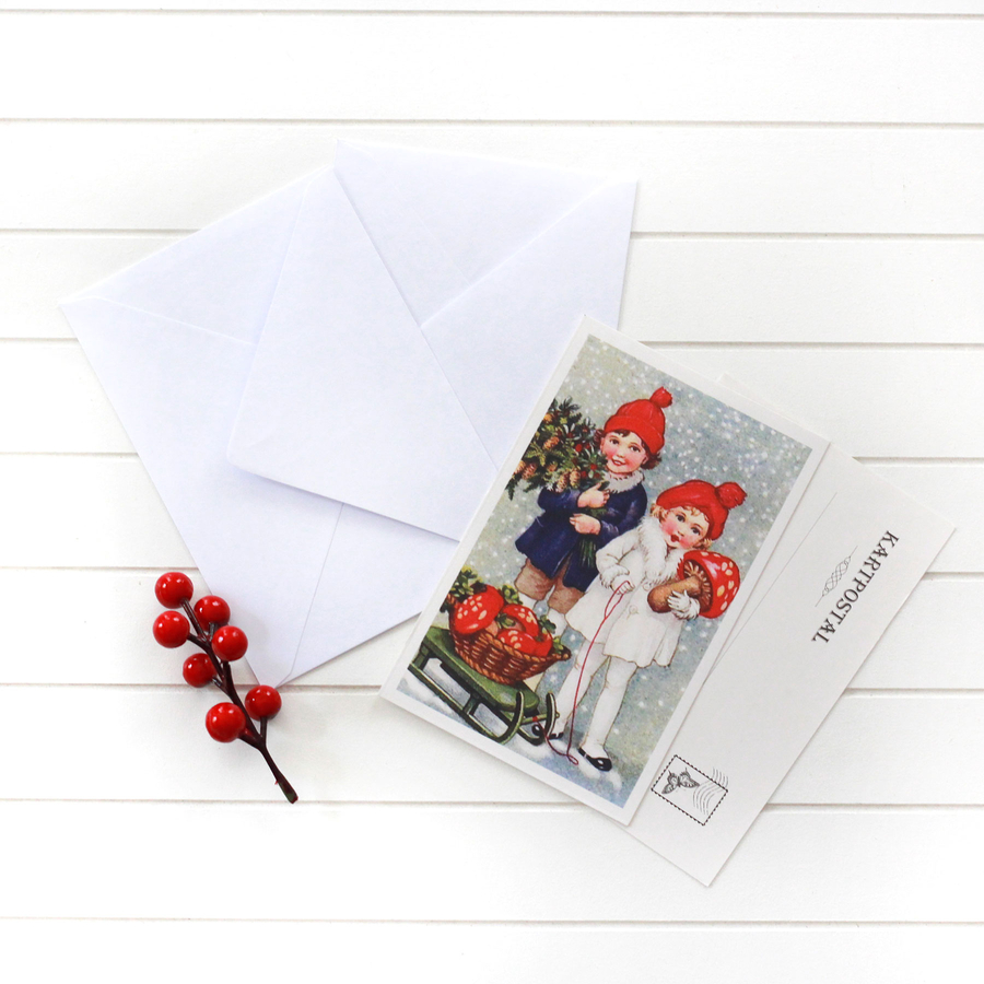 4lü yılbaşı kartpostal-zarf seti, kızaktaki mantarlar - 1