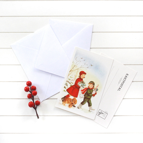 4lü yılbaşı kartpostal-zarf seti, köpek ve çocuklar - Bimotif