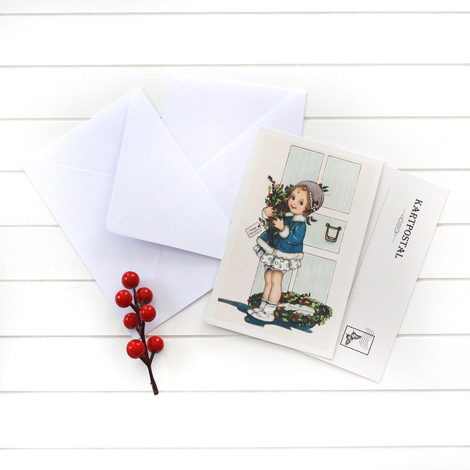 4lü yılbaşı kartpostal-zarf seti, mavili kız - Bimotif