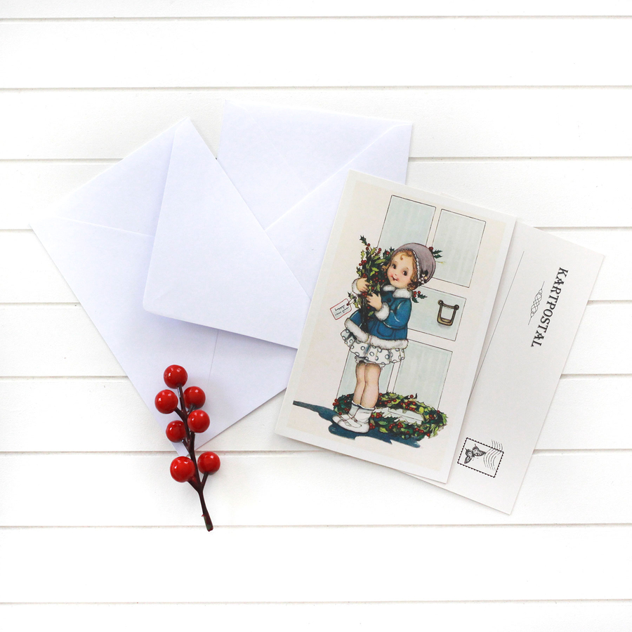 4lü yılbaşı kartpostal-zarf seti, mavili kız - 1