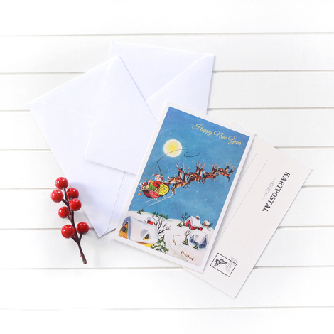 4lü yılbaşı kartpostal-zarf seti, noel geyikleri - Bimotif