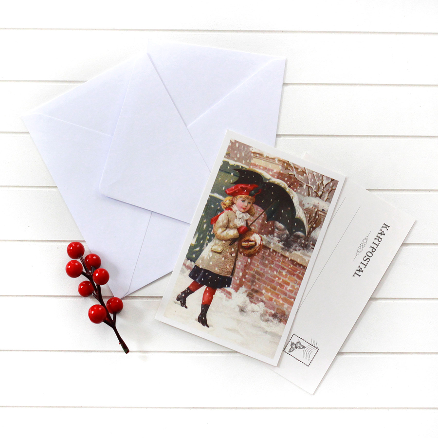 4lü yılbaşı kartpostal-zarf seti, şemsiyeli kız - 1