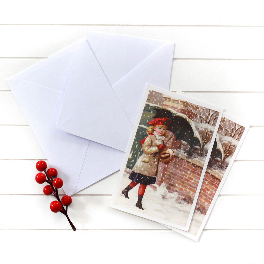 4lü yılbaşı kartpostal-zarf seti, şemsiyeli kız - 2