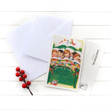 4lü yılbaşı kartpostal-zarf seti, uyuyan çocuklar - Bimotif