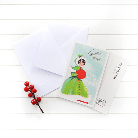 2li yılbaşı kartpostal-zarf seti, yeşilli kadın - Bimotif