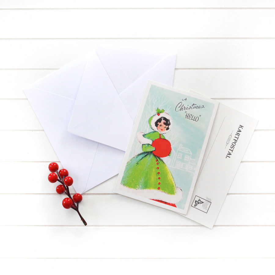 2li yılbaşı kartpostal-zarf seti, yeşilli kadın - 1