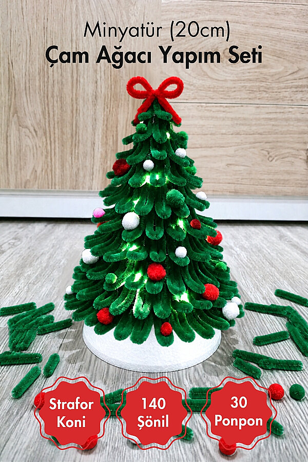 Yılbaşı Süsü - Minyatür Çam Ağacı Yapım Seti - 140 Şönil (30cm) + 30 Ponpon - Strafor Koni (20 cm) - 1