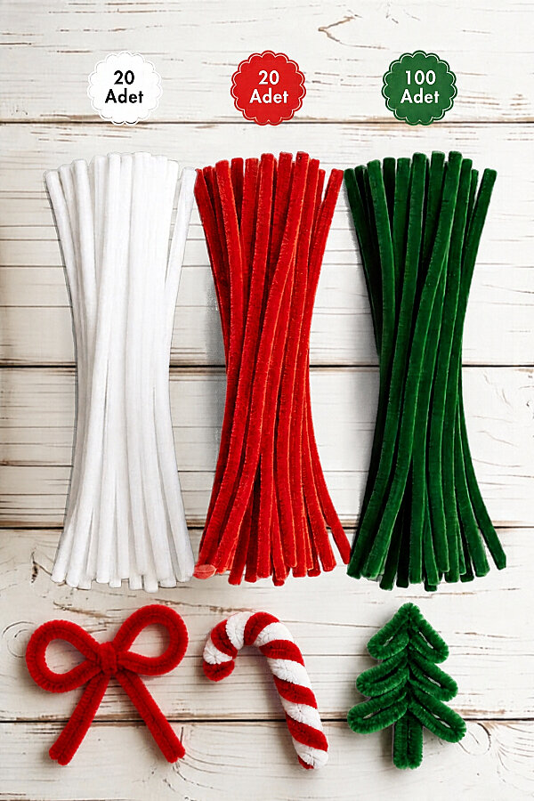 Yılbaşı Süsü - Minyatür Çam Ağacı Yapım Seti - 140 Şönil (30cm) + 30 Ponpon - Strafor Koni (20 cm) - 2