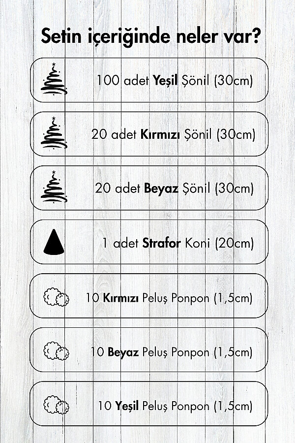 Yılbaşı Süsü - Minyatür Çam Ağacı Yapım Seti - 140 Şönil (30cm) + 30 Ponpon - Strafor Koni (20 cm) - 5